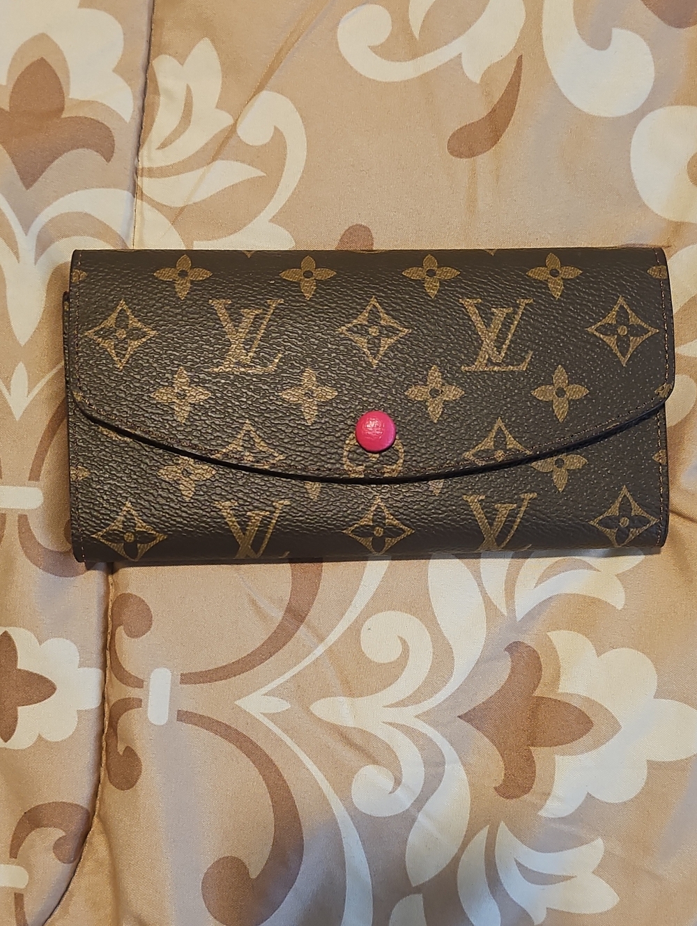 Inspired Monogram Snap Wallet in Brown with Pink Button